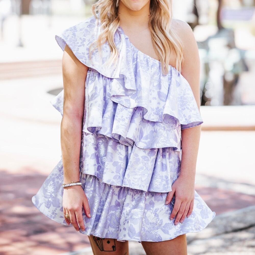 ASOS LUXE Ruffle One Shoulder Jacquard Mini Dress Purple Silver 6 Runs Small